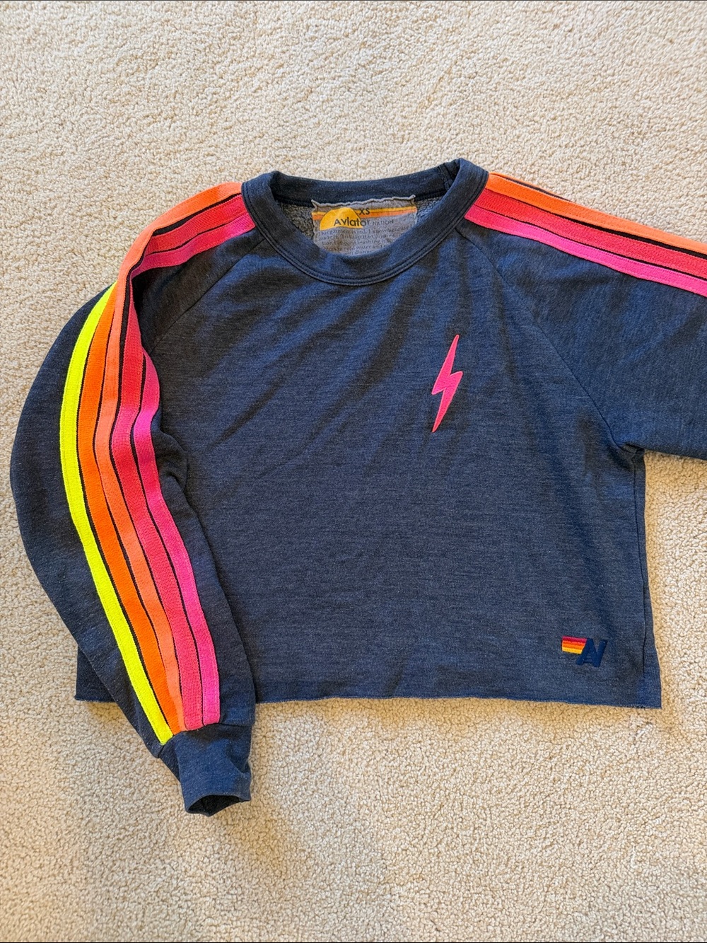 Aviator Nation Bolt Cropped Classic Crewneck in Heather Navy Neon